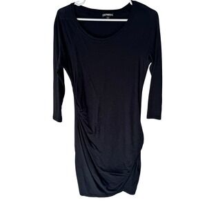 Express Black Ruched Side 3/4‎ Sleeve Scoop Neck Jersey Mini Dress Small S/P